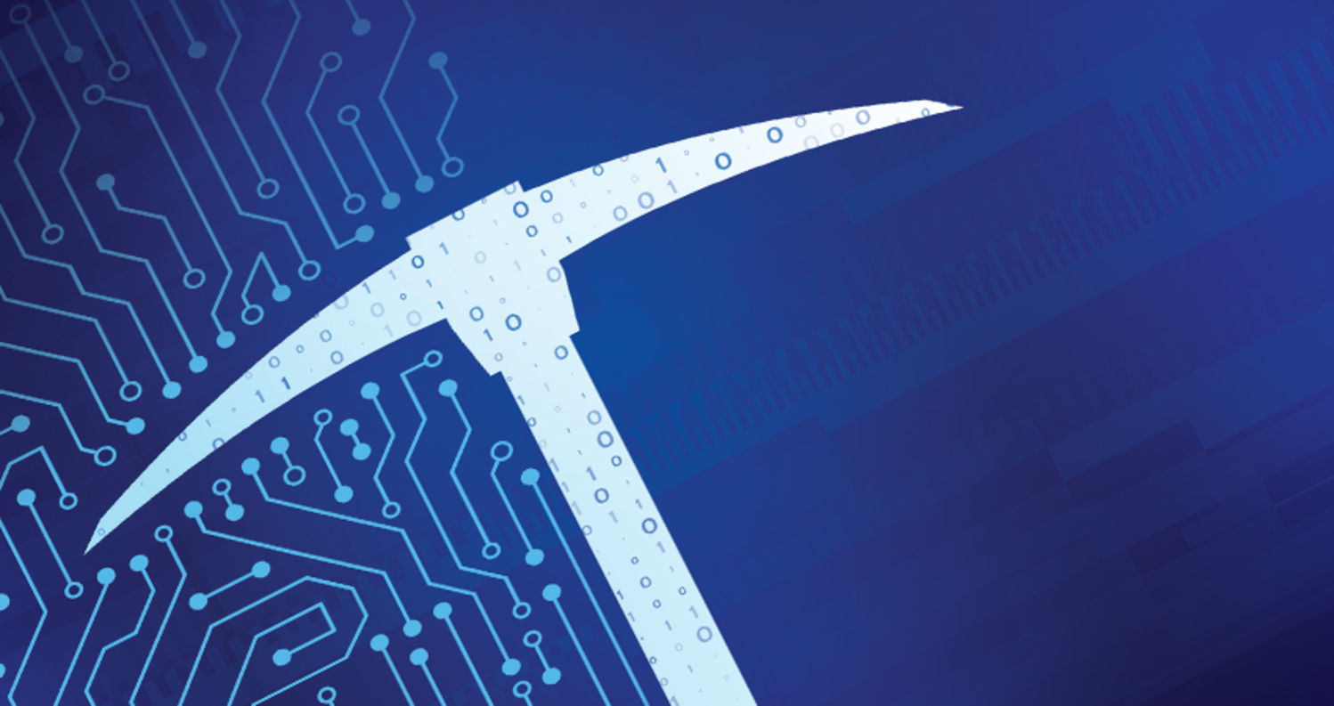 Pickaxe integrated with digital circuit board design on a blue background symbolizing data mining.